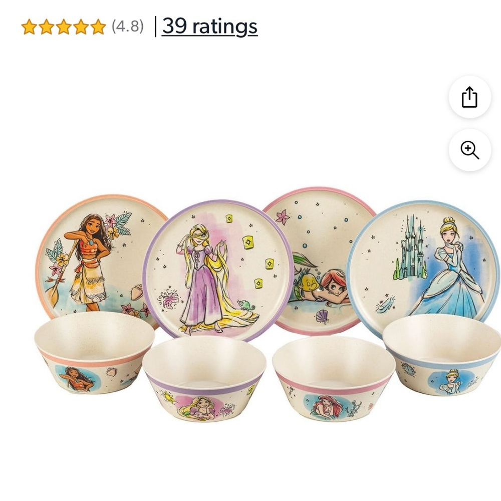 Colorful Melamine and Bamboo Plate, Set of 4 Plates and Bowls, Princesses NEW